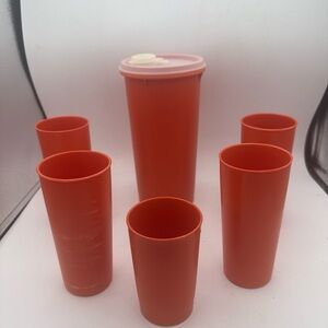 VTG Tupperware Harvest Orange Beverage Container And 5 stackable Tumblers Cups
